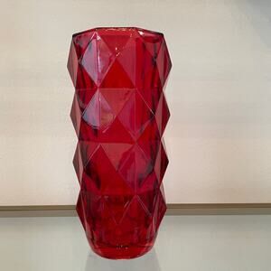 Ruby Red Heavy Glass Vase 11in Geometric Christmas Holiday Valentine NEW